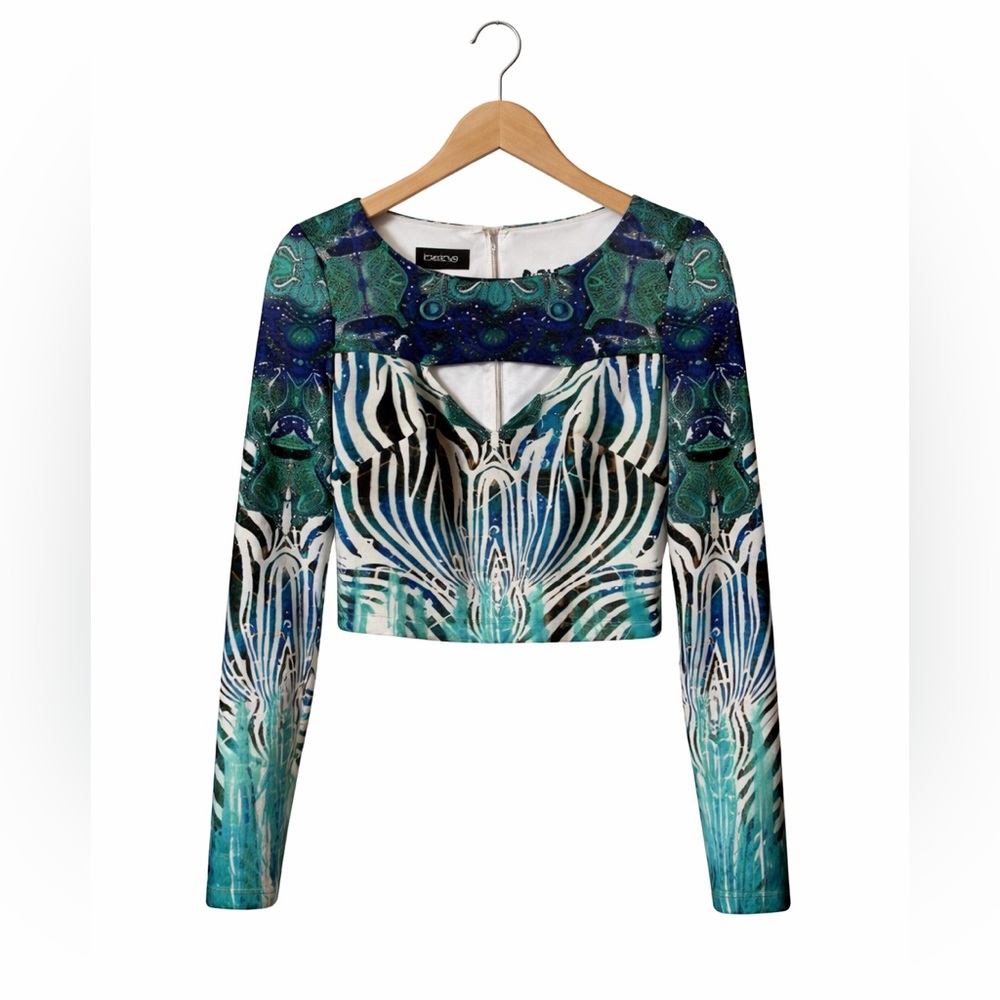 bebe Multicolor Patterned Crop Top Size Small Long Sleeve Cutout Y2K Club